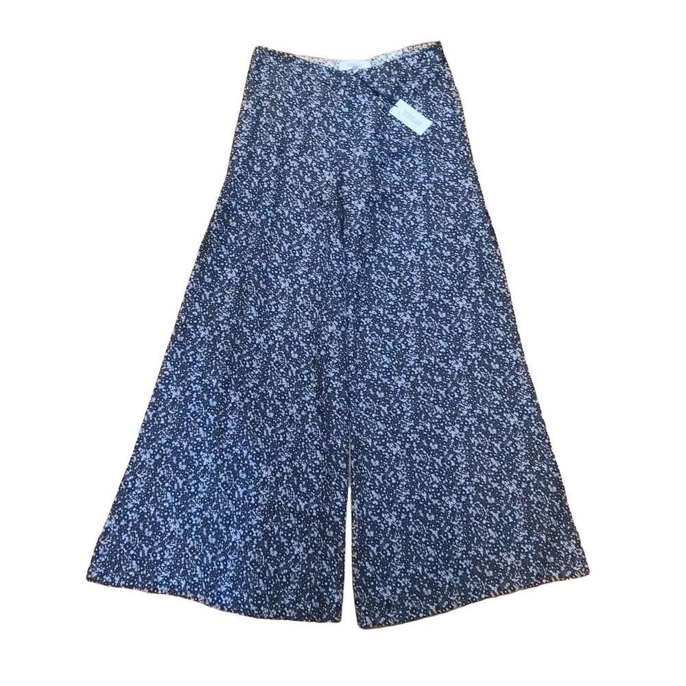 NWT Derek Lam 10 Crosby Wide Leg Silk Pants Size 10 Midnight Blue with Floral Pa